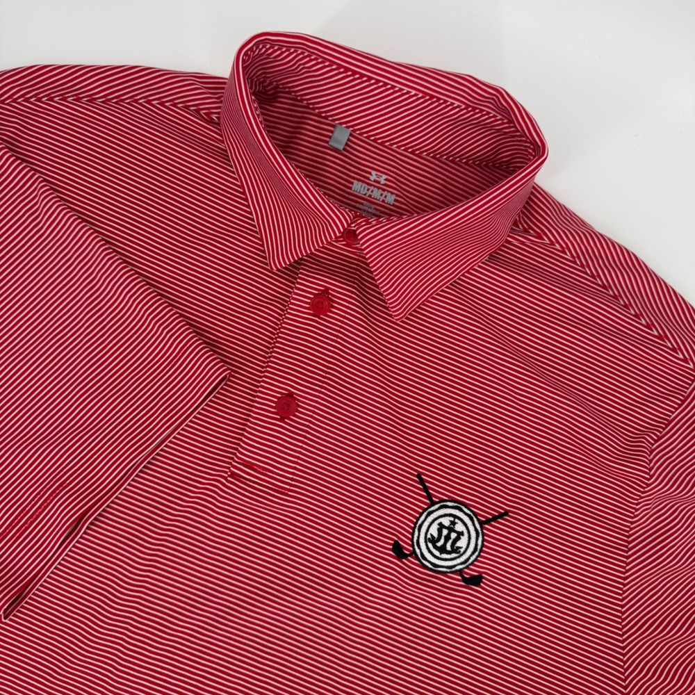 Under Armour Red Mini-Stripe Golf Polo‎ M Anchor Crest With Crossed Clubs Logo